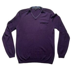 Ted Baker Men’s Wool-Cashmere Blend V-Neck Sweater in Dark Purple Size 4